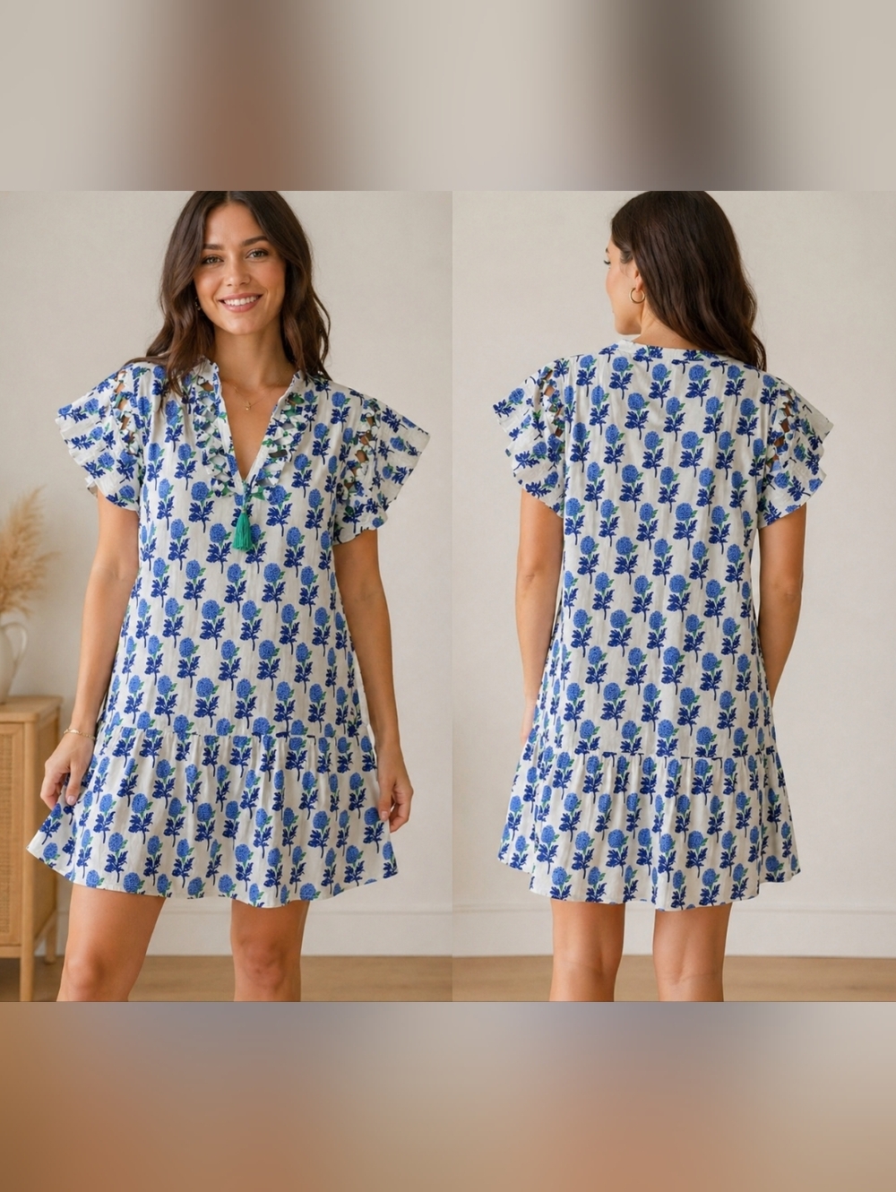 NWOT THML Blue Floral Cotton Tassel Tie Neck Tunic Dress Boho India S